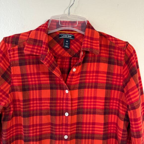 Land’s End Women’s Orange Plaid Flannel Buttondown shirt size 10 - Picture 3 of 8